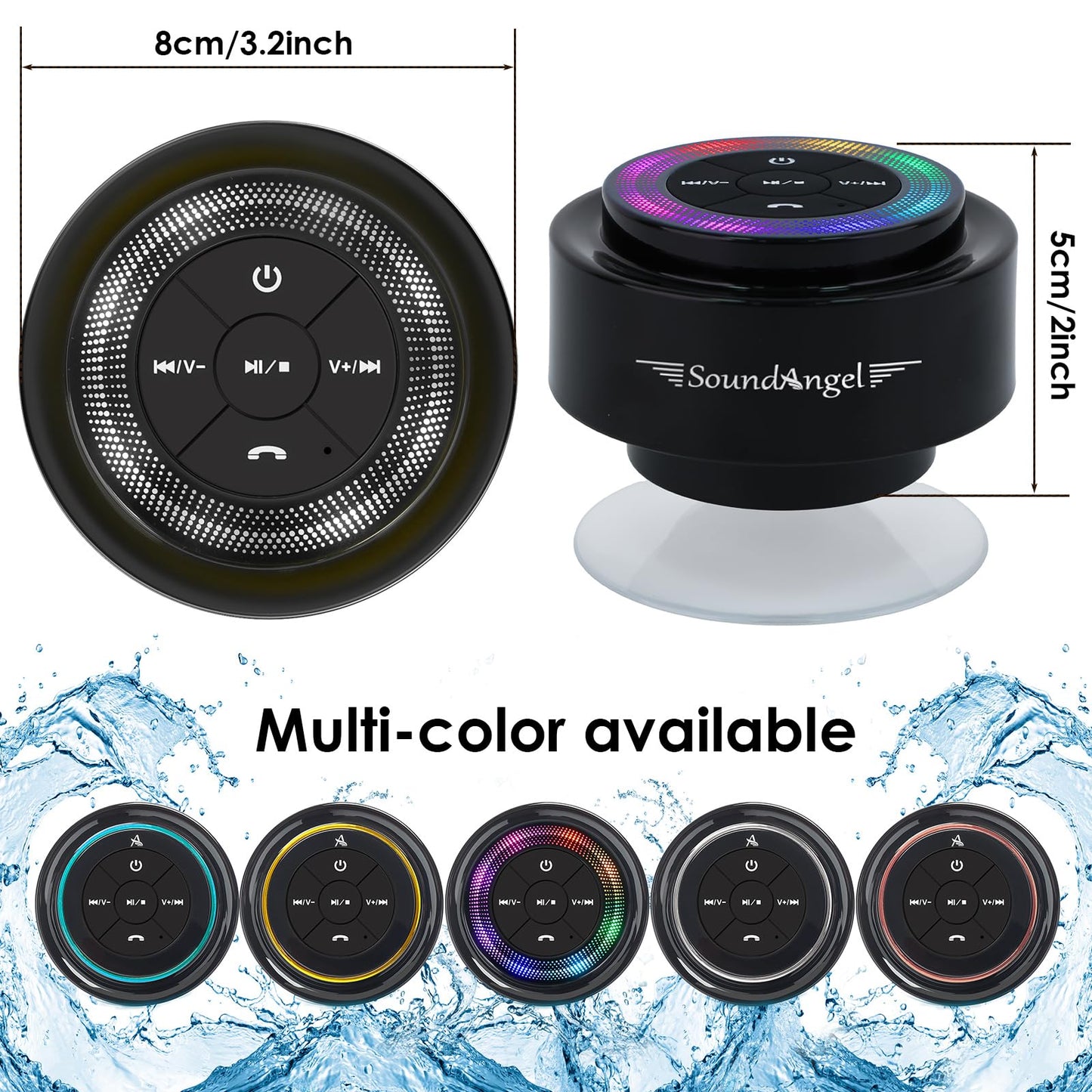XLeader Shower Speaker, Upgraded,Certified IPX7 Waterproof, Mini Bluetooth Wireless Small Speaker with Lights, Suction Cup and Mic for Bathroom, Crystal Sound&Bass,12H Playtime, Ideal Electronic Gifts