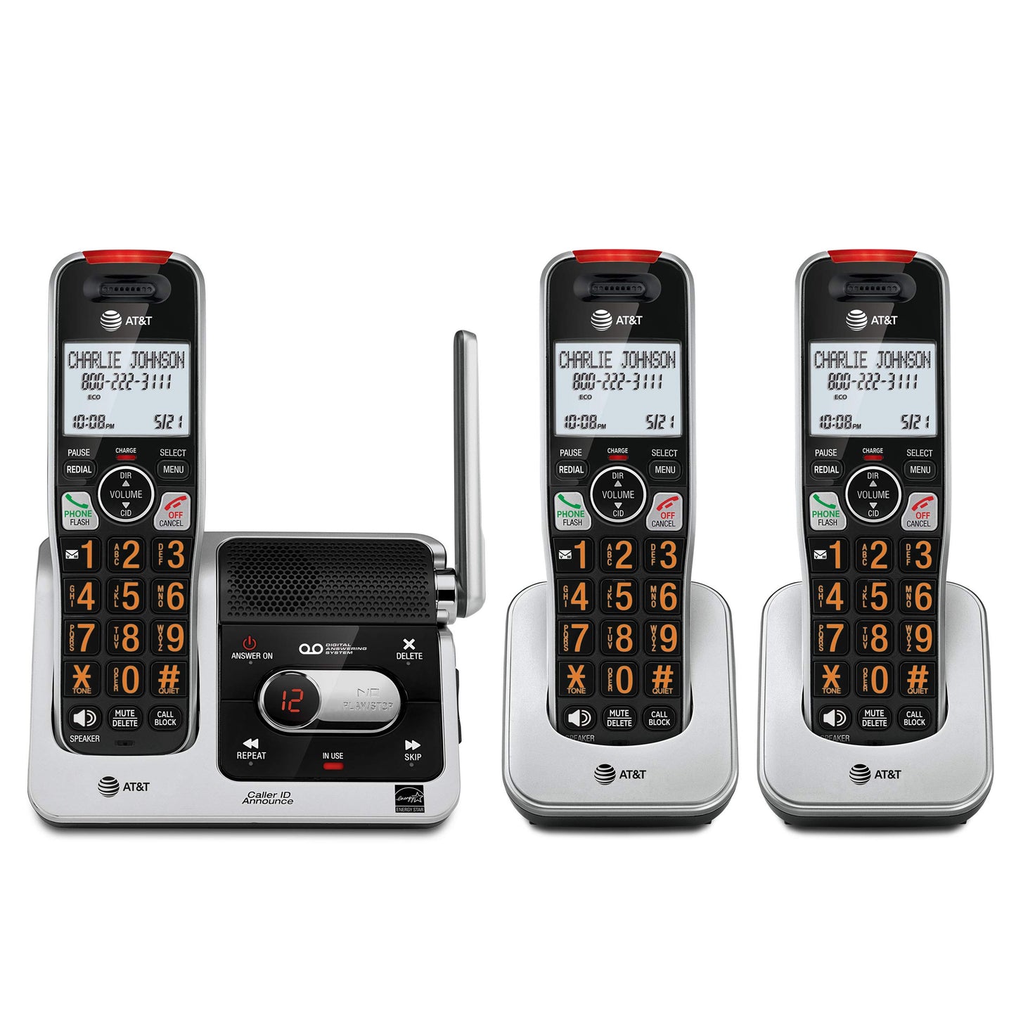 AT&T BL102-4 DECT 6.0 4-Handset Cordless Phone for Home with Answering Machine, Call Blocking, Caller ID Announcer, Audio Assist, Intercom, and Unsurpassed Range, Silver/Black