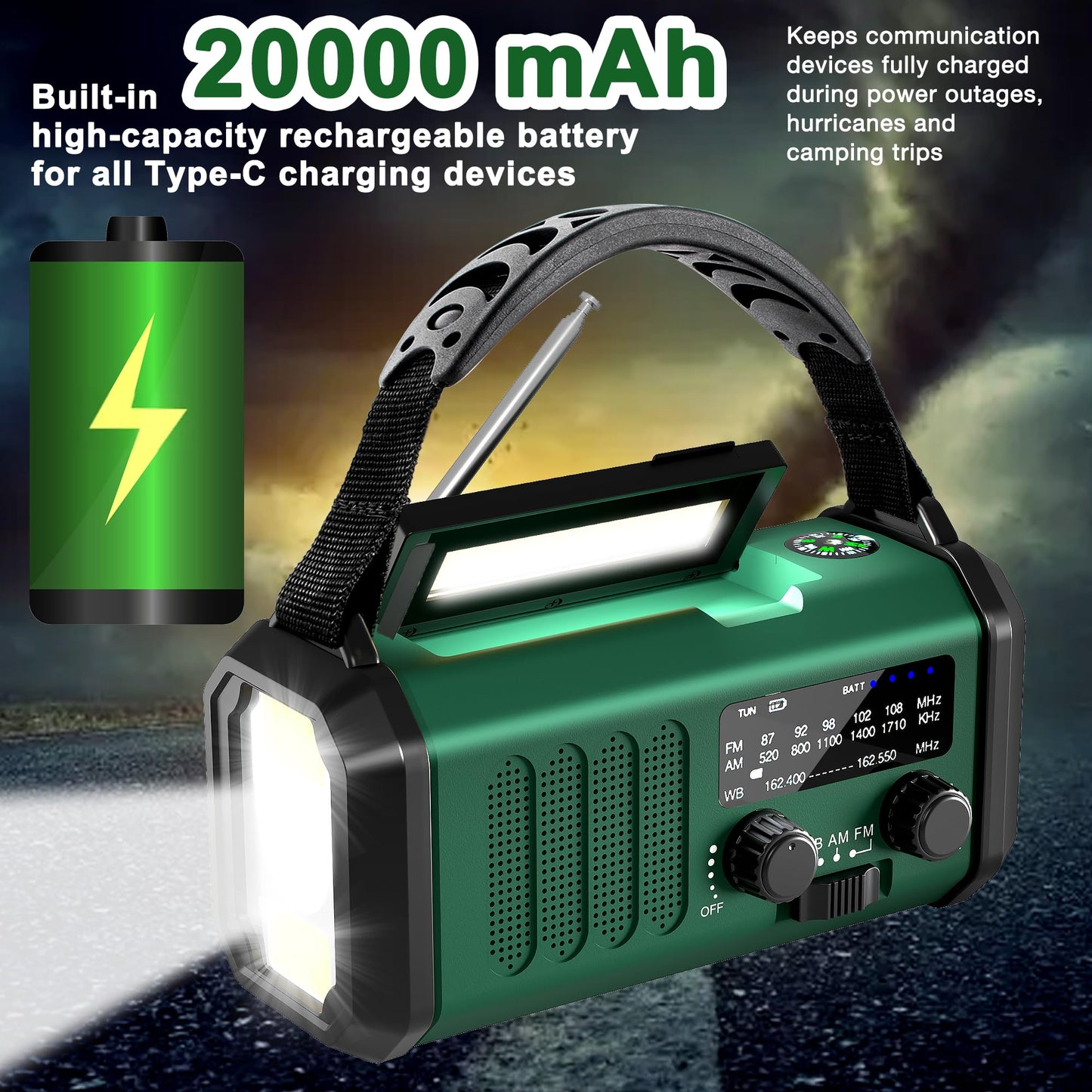 10000mAh Hand Crank Emergency Radio, NOAA Weather Radio with AM/FM & solar Radio, Rechargeable Battery, Flashlight & Reading Light, SOS Alarm, Compass Cell Phone Charger for Indoor Outdoor Emergencies
